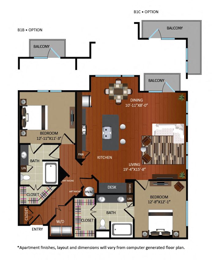 Floor plan for 2 beds, 2 baths, 1313 sqft